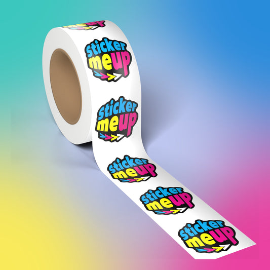 Die cut logo labels on a roll, close up
